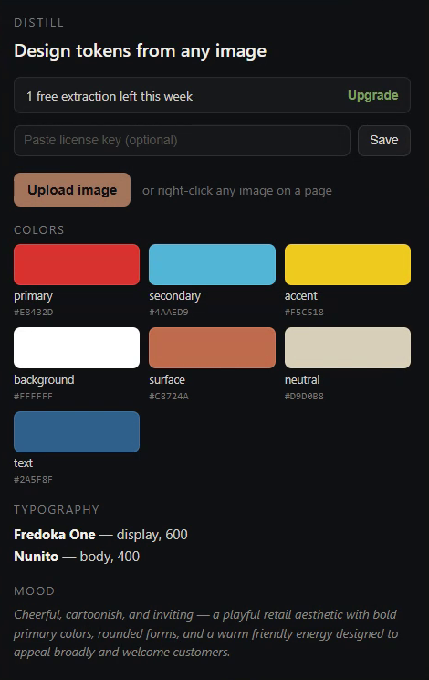 Distill popup showing extracted colors, typography and mood