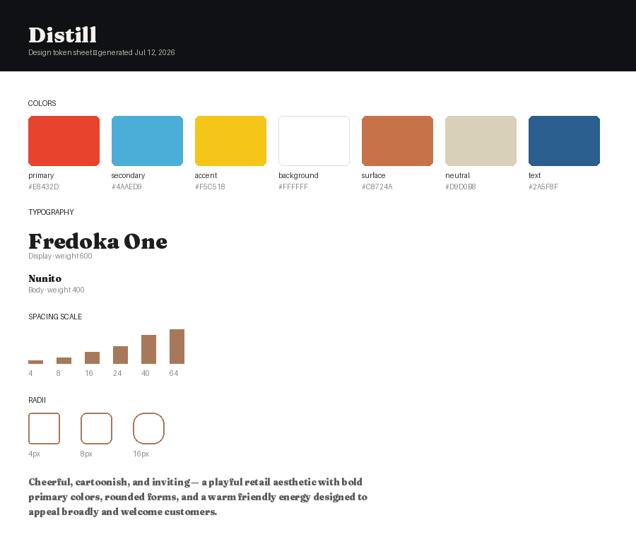 Downloaded PDF design token sheet